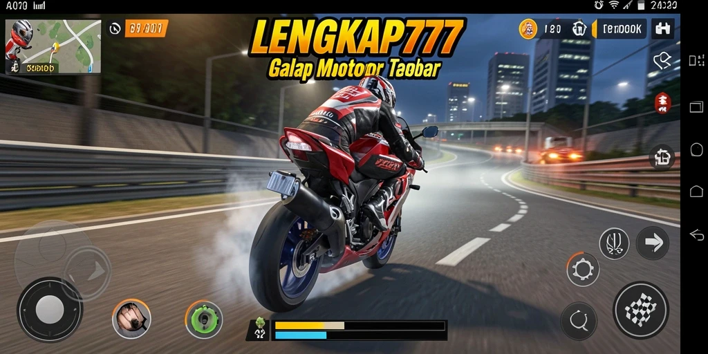 Gameplay seru LENGKAP777 dengan motor balap cepat dan trek yang menantang.