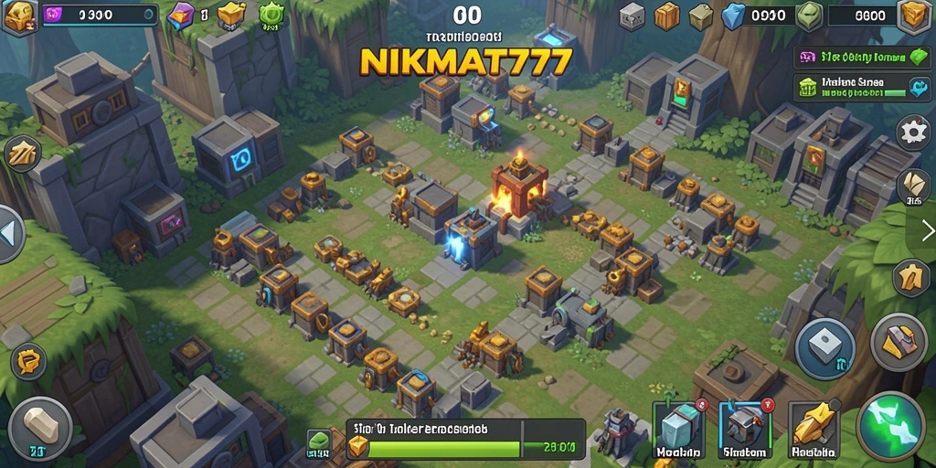 Screenshot gameplay NIKMAT777 dengan pertahanan tower yang strategis dan musuh mendekat.