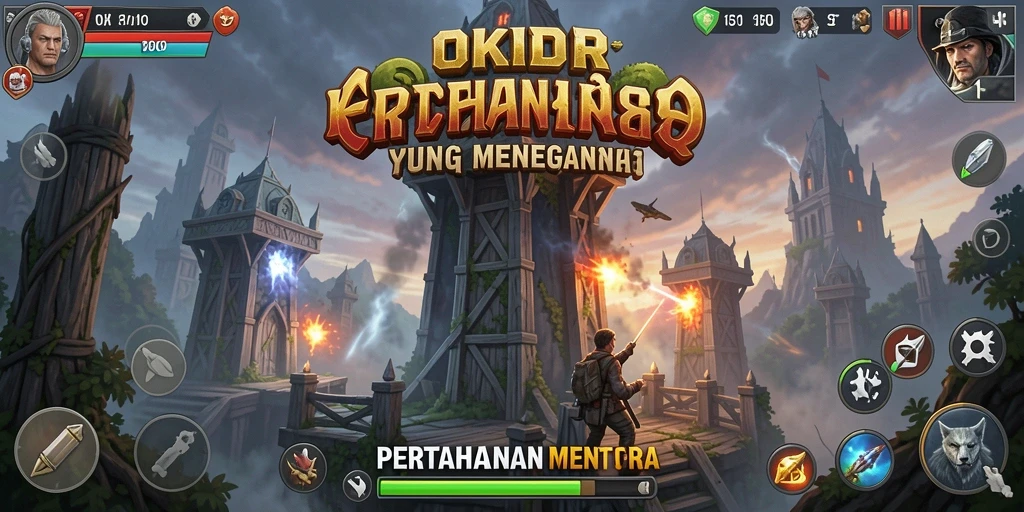 Screenshot gameplay menunjukkan aksi seru pertahanan menara di OKIDR.