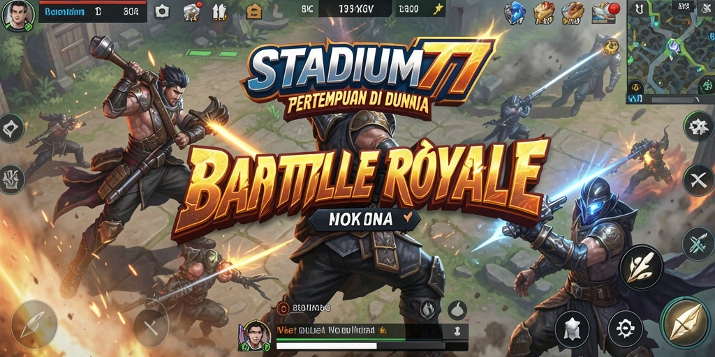 Gambaran aksi seru dalam gameplay STADIUM77 di arena Battle Royale.